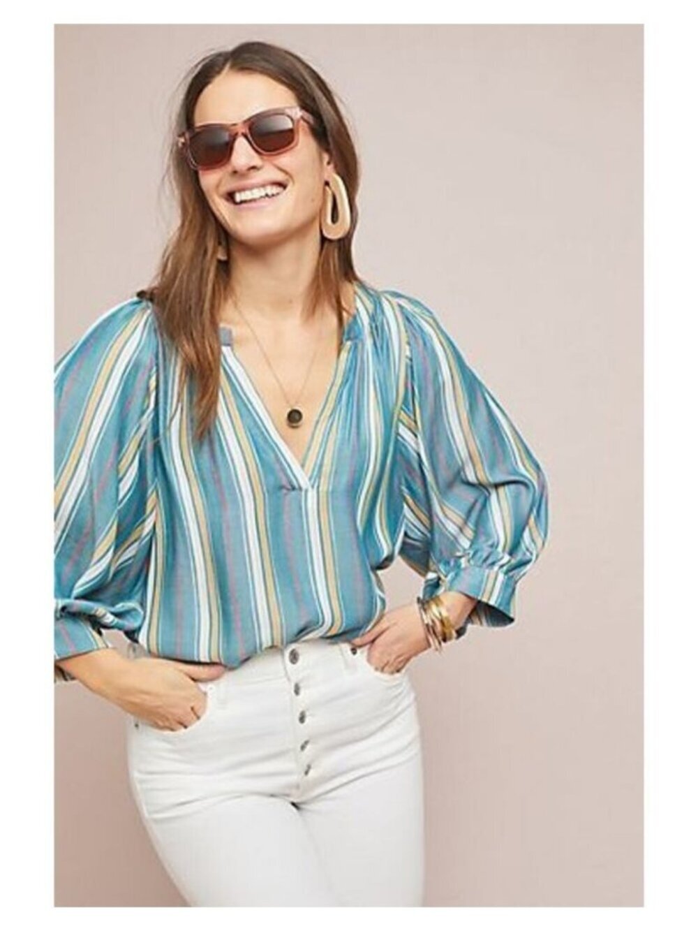 MAEVE Anthropologie Byron Striped Split Neck Peasant Top Size XS